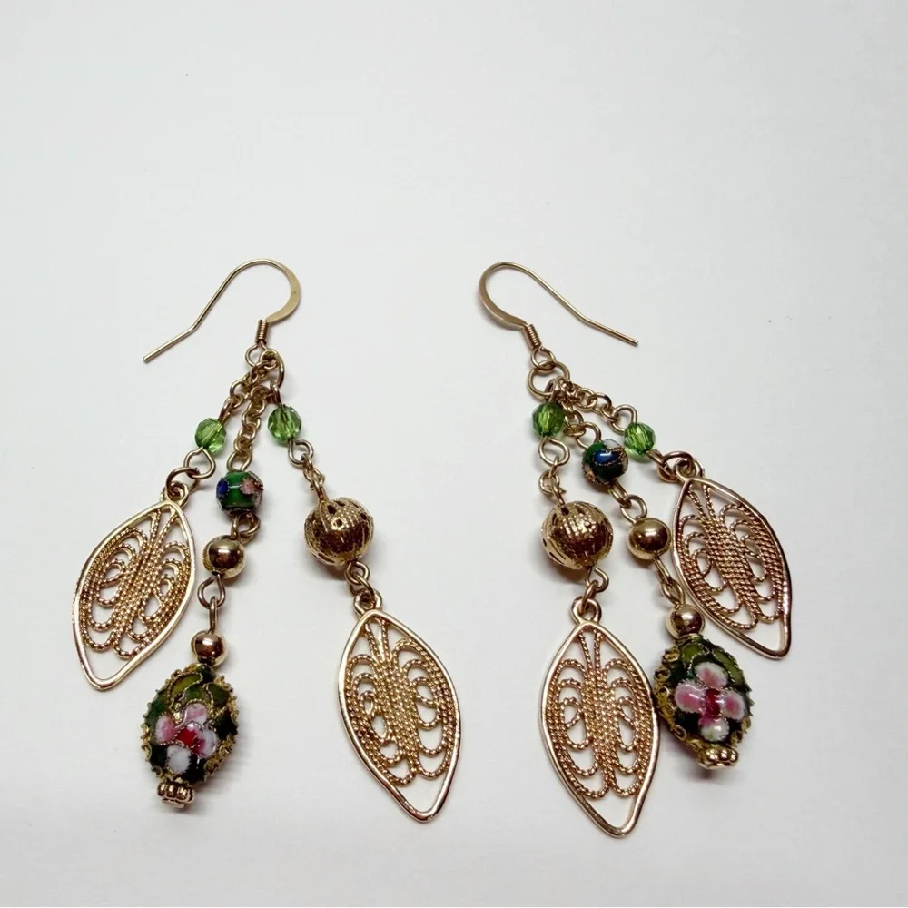 Gold Tone Cloisonne Bead Leaf Hook Dangle Earrings